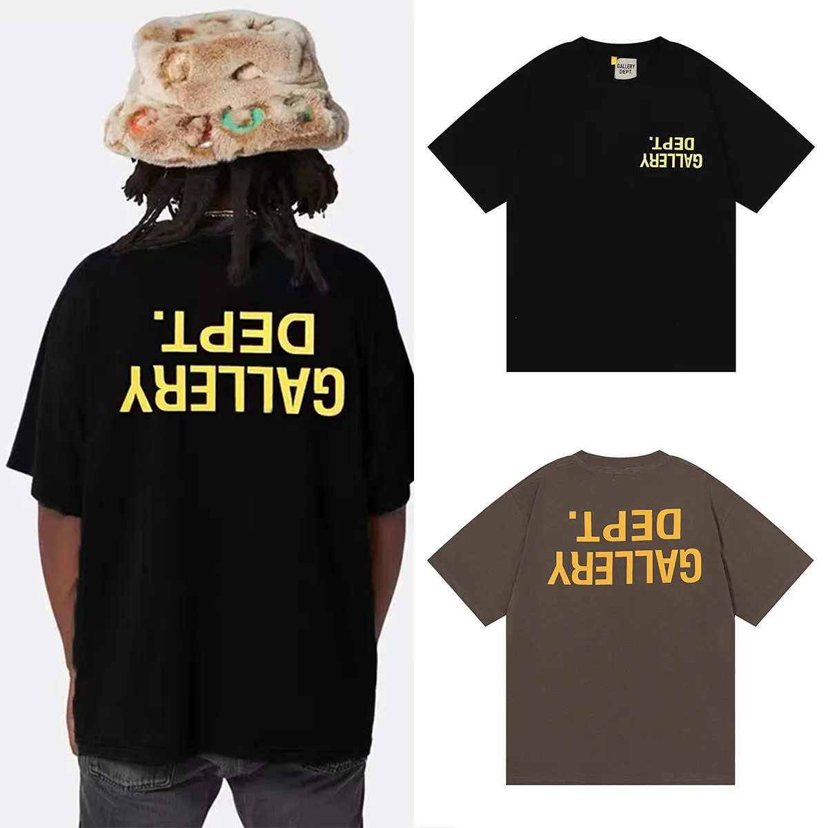 No. 6012, batch 96, Gallery dept inverted logo short-sleeved T-shirt. Selected 230g 32-count smooth double yarn fabric, fine workmanship and excellent quality! The fit is loose and super comfortable to wear, and the size is 2 sizes larger than the normal domestic size.  Color: Brown Black Size: S M L